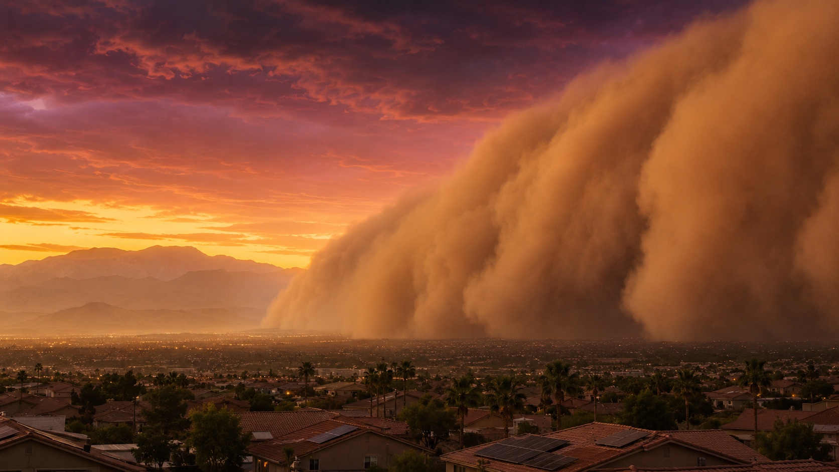 Haboob dust wall moving across Las Vegas rooftops before monsoon season
