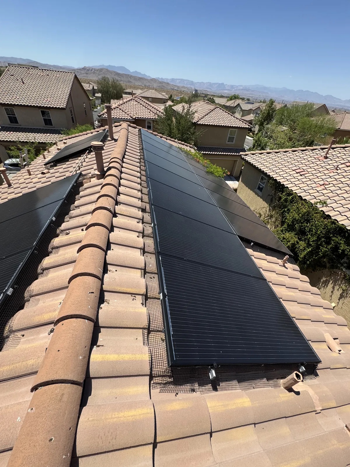 Close-up of PVC-coated solar panel bird mesh installed along the edge of a rooftop array