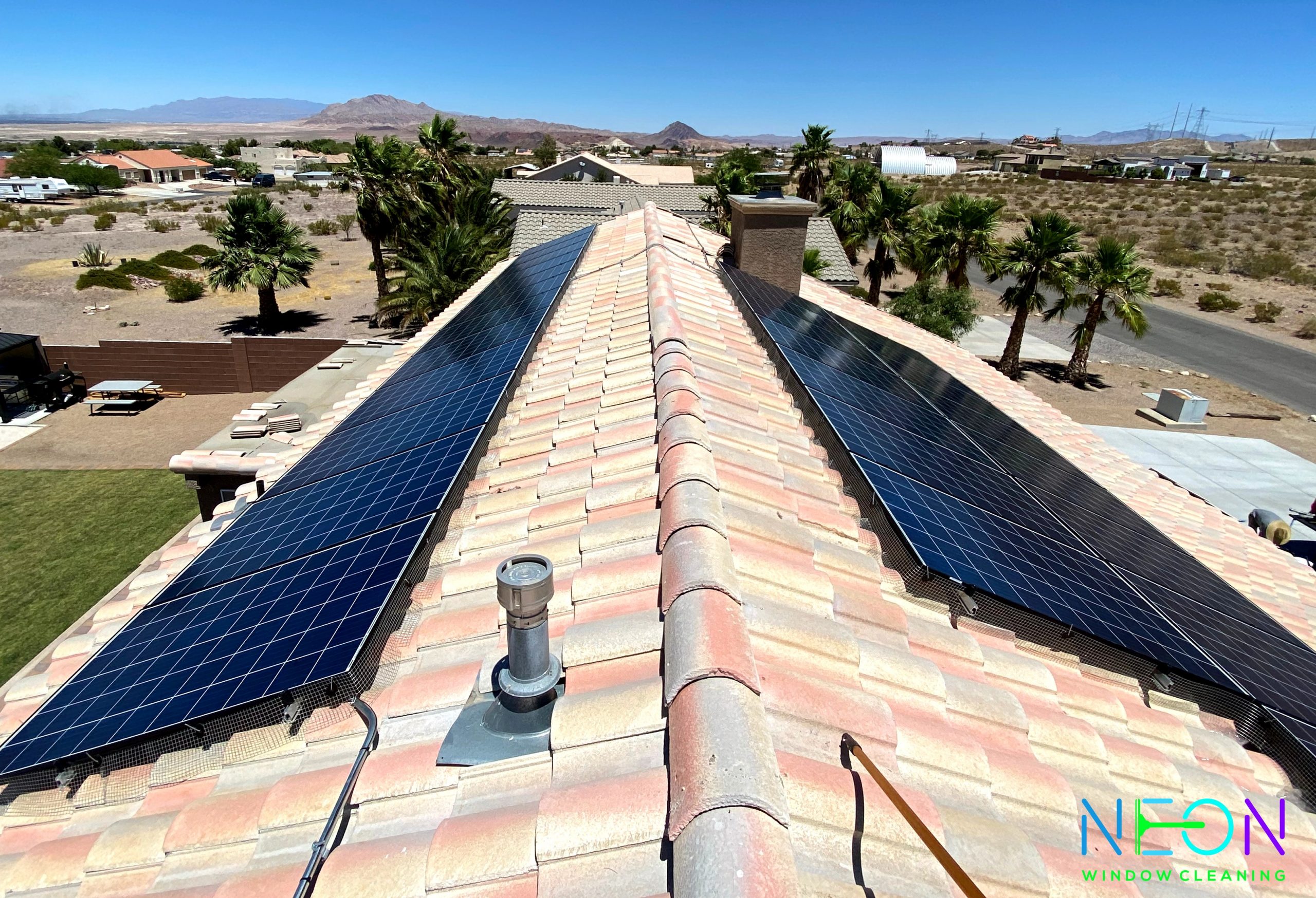 Freshly cleaned residential solar panels on a Summerlin home in Las Vegas