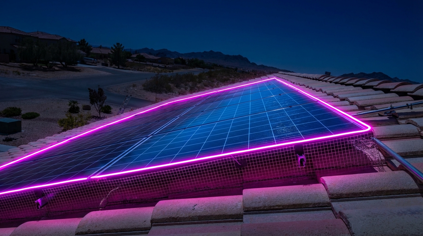 Steel wire mesh pigeon guard professionally installed around rooftop solar panels on a Las Vegas home