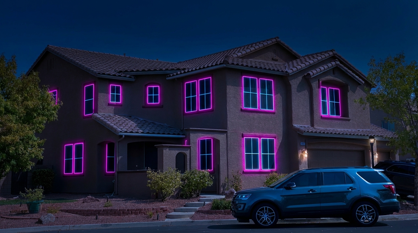 Two-story Las Vegas home with custom solar screens installed on all windows, neon magenta glow tracing window frames at night