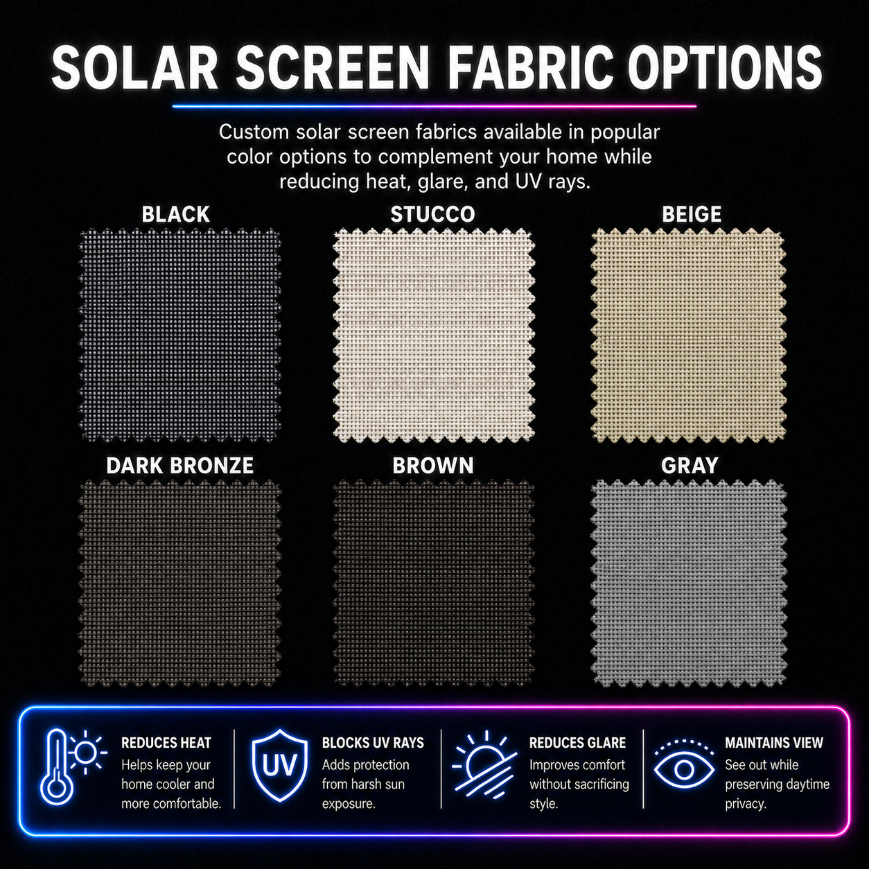 Six solar screen fabric color options for Las Vegas homes — Black, Stucco, Beige, Dark Bronze, Brown, and Gray — with feature callouts for heat reduction, UV blocking, glare reduction, and view retention